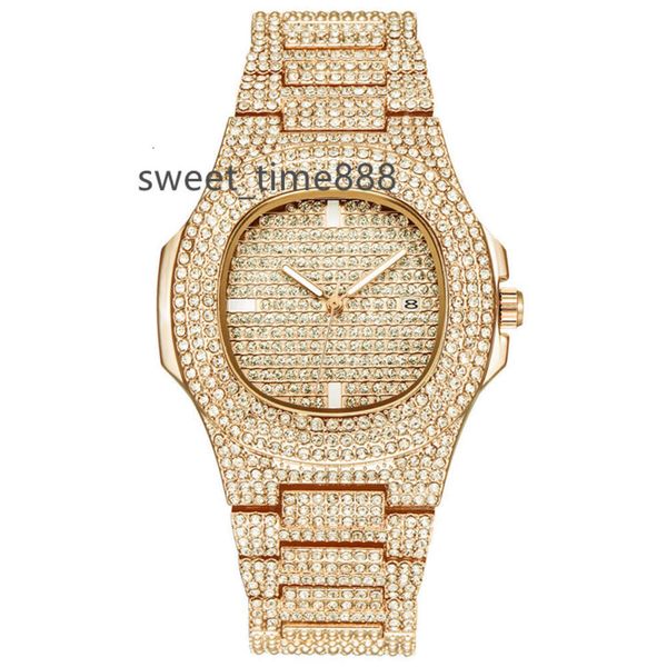 Montre-bracelet en diamant glacé pour hommes, style Hip Hop, de luxe, en or, strass, cristal scintillant, à Quartz, vente en gros