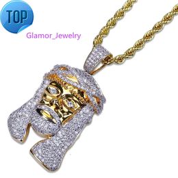 Gros Hiphop personnalisé strass diamant pendentif bijoux plaqué or corde Moissanite Jésus pendentif chaîne colliermoissanite serti de diamants