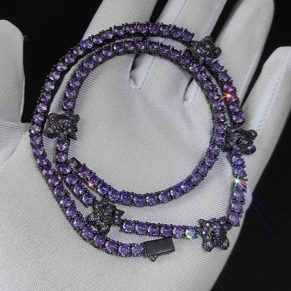 Gros bijoux hip hop noir violet plaqué 4mm glacé entièrement diamant pavé dessin animé Gengar Tennies chaîne collier