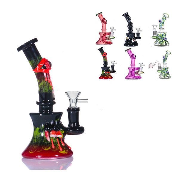 Venta al por mayor Hookah Globo ocular dibujado a mano Glass Dab rig Bongs Tubo de quemador de aceite de agua Estilo de ojo de calavera Bong de vaso con tabaco de 14 mm Tazón para fumar