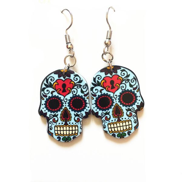 Venta al por mayor-Ganchos Pendientes de calavera de azúcar de Halloween Celebre el Día mexicano de los muertos Acrílico de Halloween Pendiente de calavera de Halloween lindo