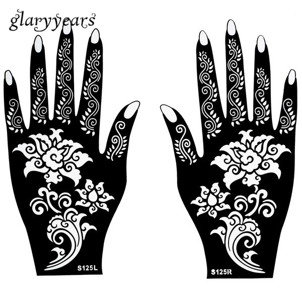 Al por mayor 1 par de la plantilla de tatuaje de henna diseño de patrón de flores hermosos para mujeres manos mehndi aerbrush pintura de arte 20 * 11cm S125