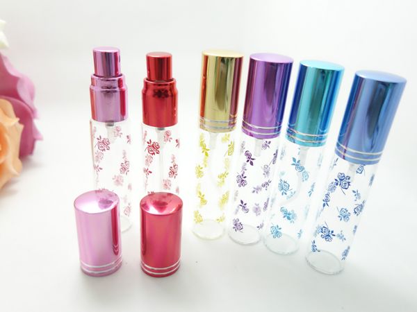 Vente en gros chaude 10 ml Mini petit verre vaporisateur de parfum imprimé Rose avec atomiseur de parfum pulvérisateur coloré