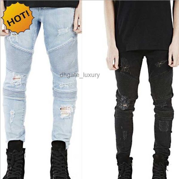 Al por mayor-Hot 2024 Hip Hop Hole Ripped Jeans Hombres Moda Plisada Runway Distressed Biker Boy Azul / Negro Pantalones de motocicleta Bottoms 28-40