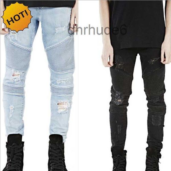 Vente en gros - Hot Hip Hop Hole Ripped Jeans Hommes Mode Piste Plissée En Détresse Biker Boy Bleu / Noir Pantalon De Moto Bas 28-40 1RFC