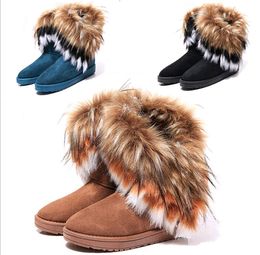 Bottes d'hiver de neige chaudes pour femmes, chaussures à la mode en poils de lapin et fourrure de renard en tube, couleurs assorties
