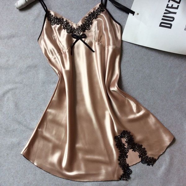 Al por mayor-Venta caliente de las señoras Sexy Satin Night Robe Dress Lace Nighties V-cuello camisón Plus Size camisón ropa de dormir ropa de dormir para mujeres