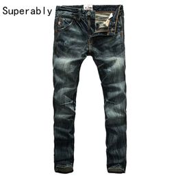 Venta al por mayor-Hombres calientes de la venta Jeans desgastados oscuros Raya media Pantalones de mezclilla rectos delgados Hombre Superably Brand Jeans Hombres 28-38 206-2