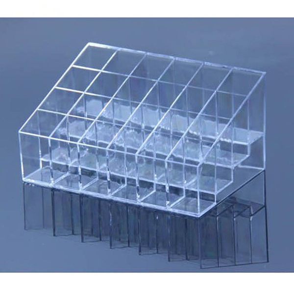 Al por mayor-Soporte de lápiz labial trapezoidal transparente de plástico 24 Cuadrícula cuadrada Caja de cosméticos Soporte para cepillo Organizador ordenado