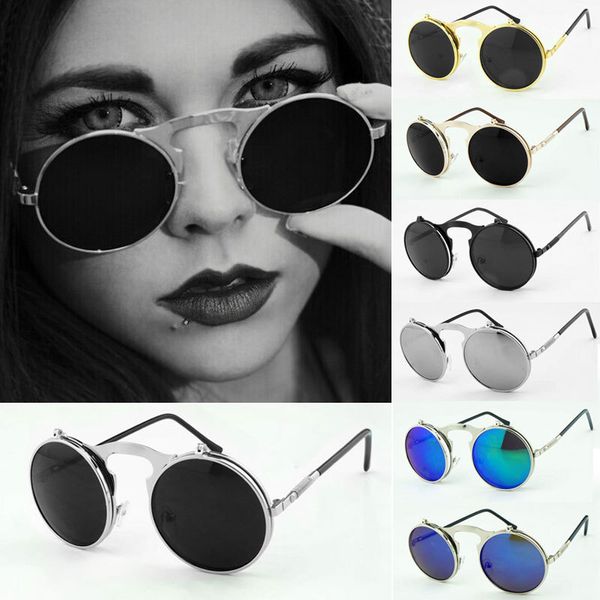 Vente en gros - Lunettes de soleil Steampunk Vintage Round Steam Flip Punk Metal Coating Femme Hommes Retro