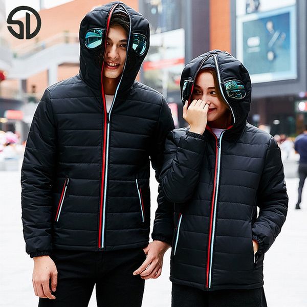 Vente en gros - Veste d'hiver chaude Manteau épais Vêtements chauds Léger Alien Youth Specials Avec des lunettes Warm Zip Coat Hooded Coupleclothing