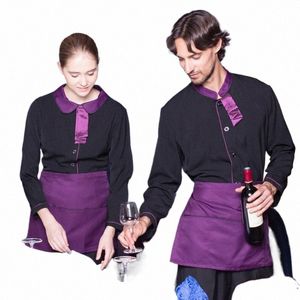 Groothandel Hotel Ober Uniformen Catering Winkel Lg Mouw Zwart Werkshirt + Paars Apr Set Westerse Restaurant Werkkleding Verkoop 63K2 #