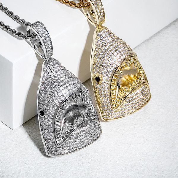 Vente en gros glacé CZ requin pendentif collier or argent plaqué hip hip hop hip hop bijoux cadeau