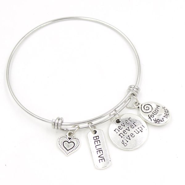 Pulsera de inspiración al por mayor brazalete de acero inoxidable Inspire Believe Charms BraceletBangle para mujeres niñas regalos de cumpleaños pulsera