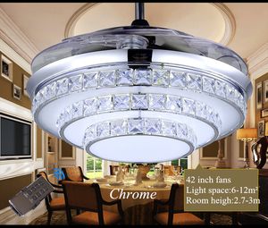 Groothandel onzichtbare kristallicht plafondventilatoren met moderne LED-cirkel kroonluchter dimmen lamp indoor afstandsbediening