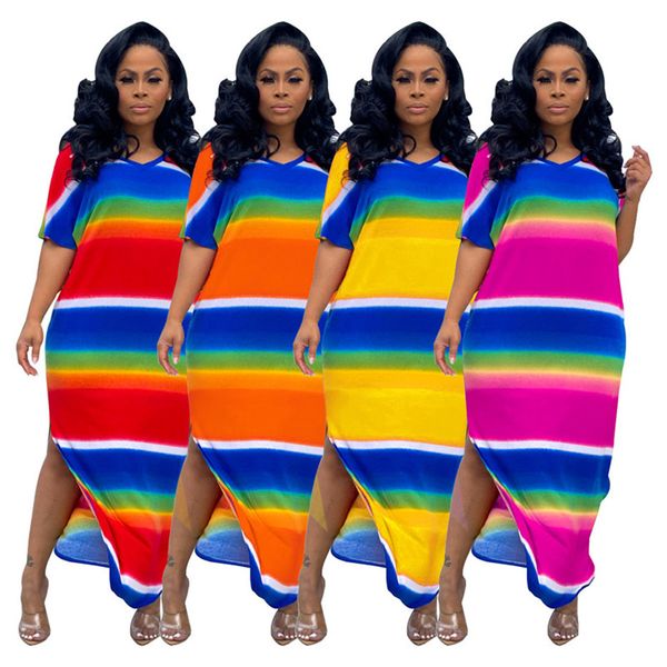 Articles en gros Robes pour Femmes Rainbow Stripe Long Vêtements One Piece Set Haute Qualité Élégant De Luxe De Mode Bandage Club Wear K8675