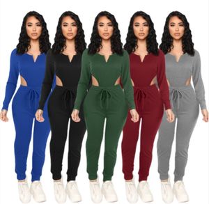 Groothandel items lange mouwen sportkleding twee stuk set trainingspakken outfits sexy v-hals Y2K top broek sweatsuit pullover legging pakken klw7327