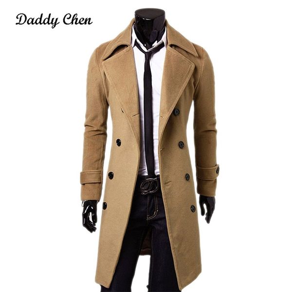 Venta al por mayor-Chaqueta larga Trench Coat Hombres de calidad superior Slim Black Male Overcoat Mens Khaki Coat trenchcoat Windbreaker