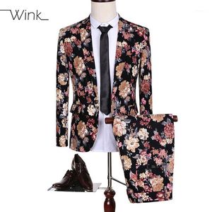 Herenpakken Blazers Groothandel- (jas + Pant) Luxe Blazer Mannen Bloemen Slim Fit Plus Size 5XL Single Button Costume Homme Trouwjurk PA