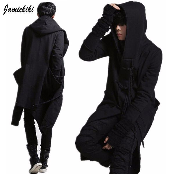 Al por mayor-Jamickiki Marca Moda Sudadera con capucha Vanguardista Estilo largo Sudadera con capucha Sudadera con capucha Hombre Negro Cuerda Hebilla Sudaderas con capucha Cinturón Cazadoras