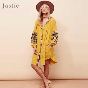 Vestidos de fiesta al por mayor-Jastie Vintage bordado Boho vestido talla grande mujer linterna manga suelta playa Mini Chic Casual Feminino Vestidos1