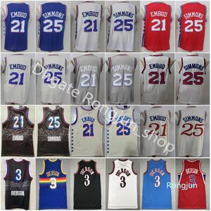 Venta al por mayor Joel 21 Embiid Jersey Ben 25 Simmons Retro Vintage Allen 3 Iverson Azul Blanco Rojo Camisetas de baloncesto para hombre Tamaño S-XXL