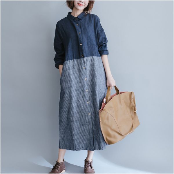 Vente en gros- Johnature Femmes Coton Lin Robe Patchwork À Manches Longues 2017 Printemps Nouveau Plus La Taille Femmes Chemise À Rayures Robe Casual Vintage Bleu