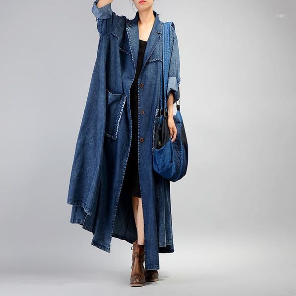 Abrigos de la zanja de las mujeres al por mayor- Johnature Women Denim Coat 2021 Otoño bolsillos de invierno azul manga larga azul talla grande ropa Botón Trench1