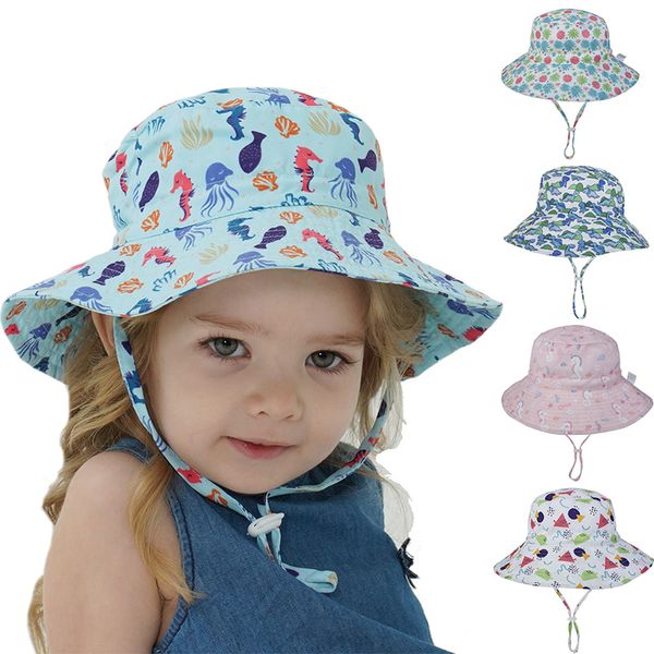 Venta al por mayor Niños Cubos Sombreros Algodón Niños Sombrero para el sol 20 colores Sólido Floral bebé Sombrero para el sol Niño Gorras de pesca Niños Niñas Verano Dibujos animados Estilo pescador con cuerda de viento