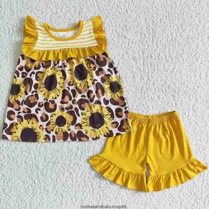 Venta al por mayor Niños Niños Ropa de niña bebé Conjunto Estampado de girasol Boutique Niñas Ropa de verano Trajes Traje de niño pequeño lindo Conjunto de manga corta con volantes Conjuntos de pantalones cortos