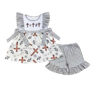 Groothandel voor kinderen Borduurwerk Crosses Tops Boutique Shorts Kinderen Spring Outfit Matching Baby Boy Girl Toddler Paasset Kleding L2405