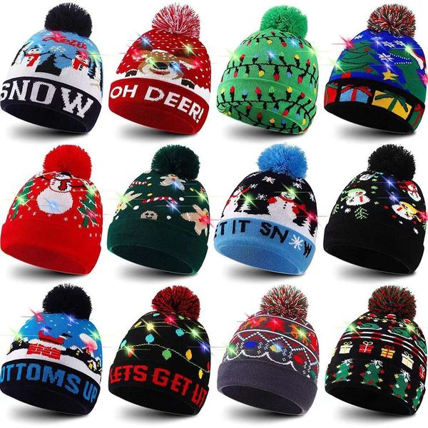 Chapeau de noël tricoté en gros, Jacquard LED, chapeau en laine, automne et hiver, chaud pour enfants, femmes et hommes, vente en gros