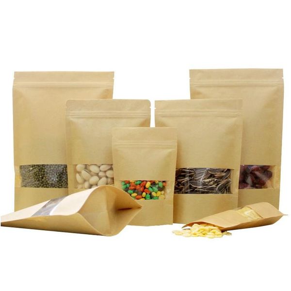 Venta al por mayor de bolsas de papel Kraft con ventana, bolsas de pie para regalo, alimentos secos, frutas, té, embalaje, almacenamiento, entrega directa