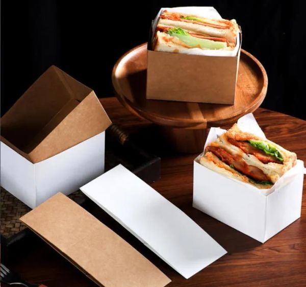 wholesale Sándwiches de papel Kraft Caja de embalaje Tostadas de huevo grueso Pan Desayuno Cajas de embalaje Hamburguesa Teatime Tray DH948 LL