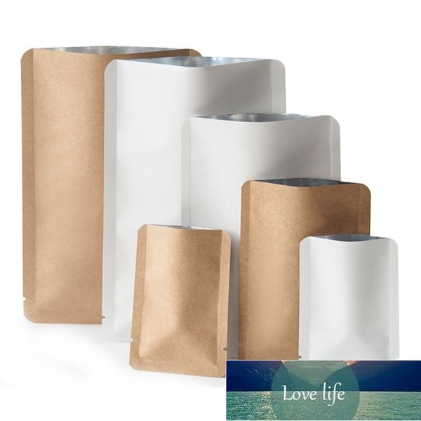 Venta al por mayor de papel Kraft/blanco, bolsa superior abierta, bolsa de embalaje en polvo para aperitivos que se puede volver a sellar, bolsa de papel de aluminio para sellado térmico para fiestas de regalo, precio de fábrica, diseño experto, calidad más reciente