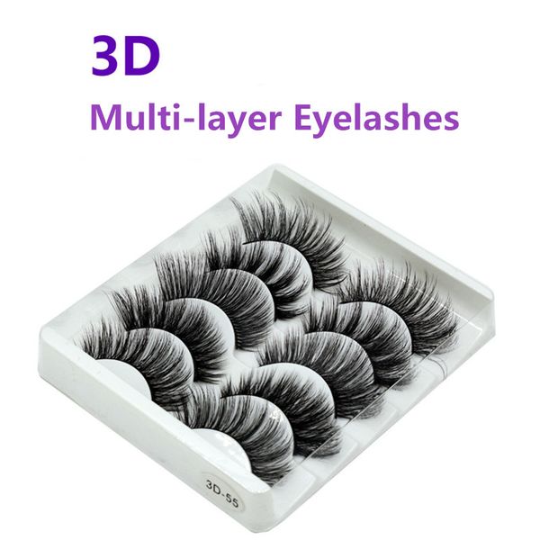 Faux-cils 3D en fibre chimique faits à la main, 5 paires, tige en fil de coton doux et confortable, cils multicouches stéréo