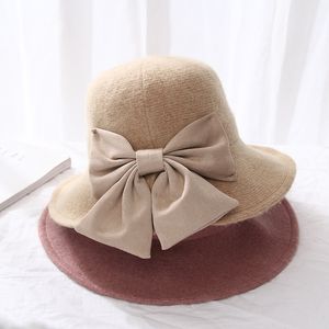 Groothandel-l top hoed herfst en winter nieuwe effen kleur grote boog wastafel hoed hoge kwaliteit vilt dames dome mode hoed