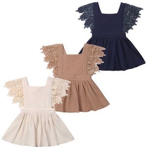 Wholesale dentelle bébé filles robe couleur massif ivoire marine marron manches sans manches enfants vêtements MN001 210610