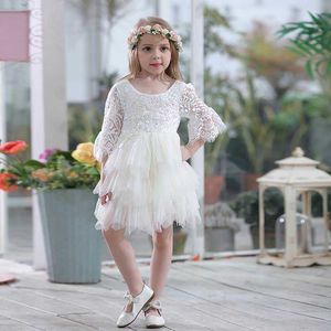 Groothandel kanten jurk voor meisjes gaas prinses 3/4 mouw feest gelayerd kinderkleding E16900 210610