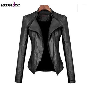 Vestes pour femmes Vente en gros - Dames Mode PU Cuir Veste de moto Bomber 2021 Manches longues Hiver Automne Femmes Col rabattu Slim Sho