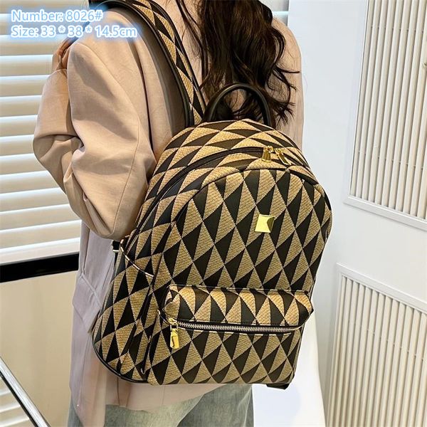 Venta al por mayor bolso de hombro para mujer 2 colores simple impresión geométrica mochila de moda viento de la universidad contraste cuero estudiante mochilas elegante bolso rómbico 8026 #