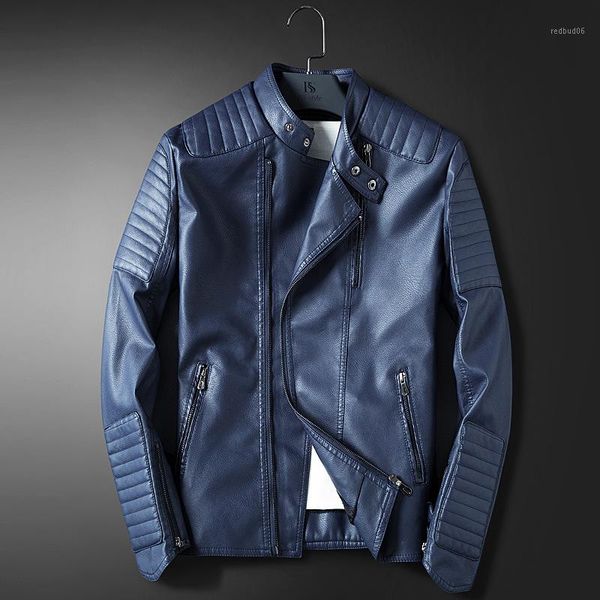 Venta al por mayor- LEDINGSEN Chaqueta de cuero azul para hombre de la motocicleta Hombres Slim Fit Chaqueta casual roja Abrigo Otoño Invierno Ropa de cuero Cortavientos1