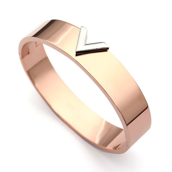 Venta al por mayor-letra en forma de V pulsera brazalete para mujeres hombres encanto letra hueca brazalete amor plata chapado en oro rosa brazaletes Pulseiras