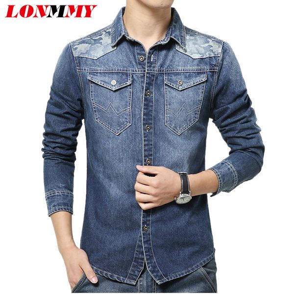 Vente en gros- LONMMY M-5XL Jeans à manches longues chemise hommes Denim Camouflage camisa masculina Cowboy hommes chemise Casual hommes vêtements 2017 Nouvelle arrivée