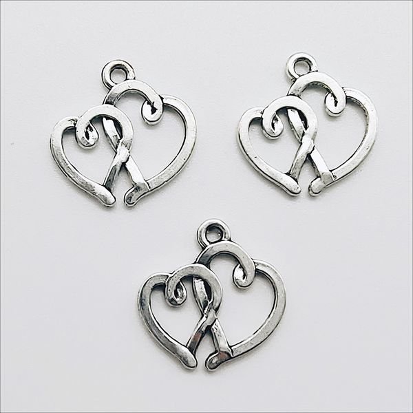 Venta al por mayor Lote 100 unids Doble Corazón Encantos de Plata Antiguos Colgantes para la Fabricación de Joyas Pulsera Pendientes DIY Llavero Colgante 19 * 19 mm DH0841