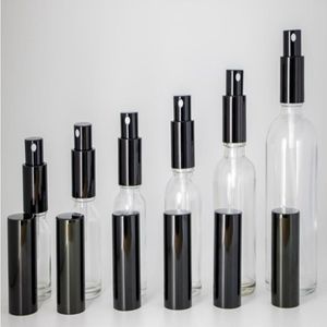 Lote al por mayor botellas de spray de vidrio transparente 10 ml 15 ml 20ml 30ml 50ml 100 ml botellas portátiles recargables con atomizador de perfume Tapa negra TSISQ