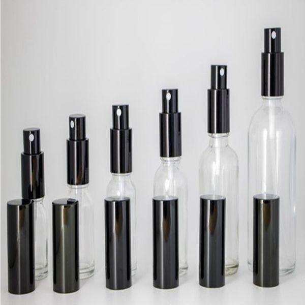 Lot de gros vaporisateurs en verre transparent 10 ml 15 ml 20 ml 30 ml 50 ml 100 ml bouteilles rechargeables portables avec atomiseur de parfum bouchon noir Qcsrv