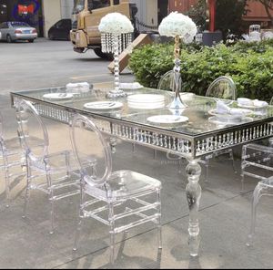 Mesa de comedor para banquetes de lujo, venta al por mayor, mesas de boda de MDF con tapa blanca, mesa de boda de vidrio acrílico para hotel en el escritorio 028