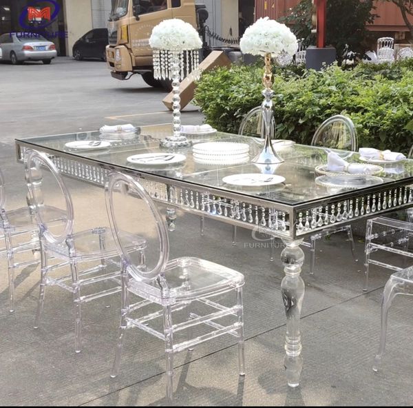 Mesa de comedor para banquetes de lujo, venta al por mayor, mesas de boda de MDF con tapa blanca, mesa de boda de vidrio acrílico para hotel en el escritorio 028