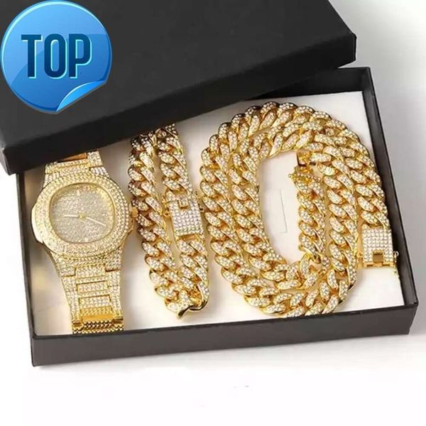 Vente en gros de luxe plaqué or chaîne bijoux de mode collier bracelet Zircon CZ Miami chaîne cubaine Hip Hop hommes collier ensembles de montre